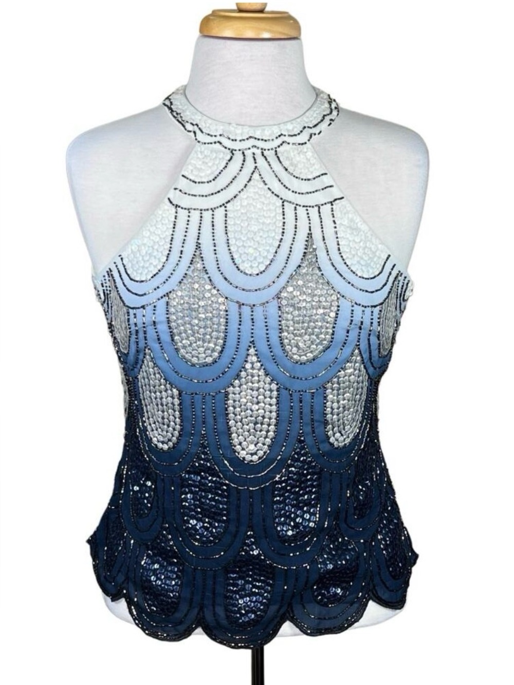 Embellished Ombre Halter Sequin Top - Navy to White